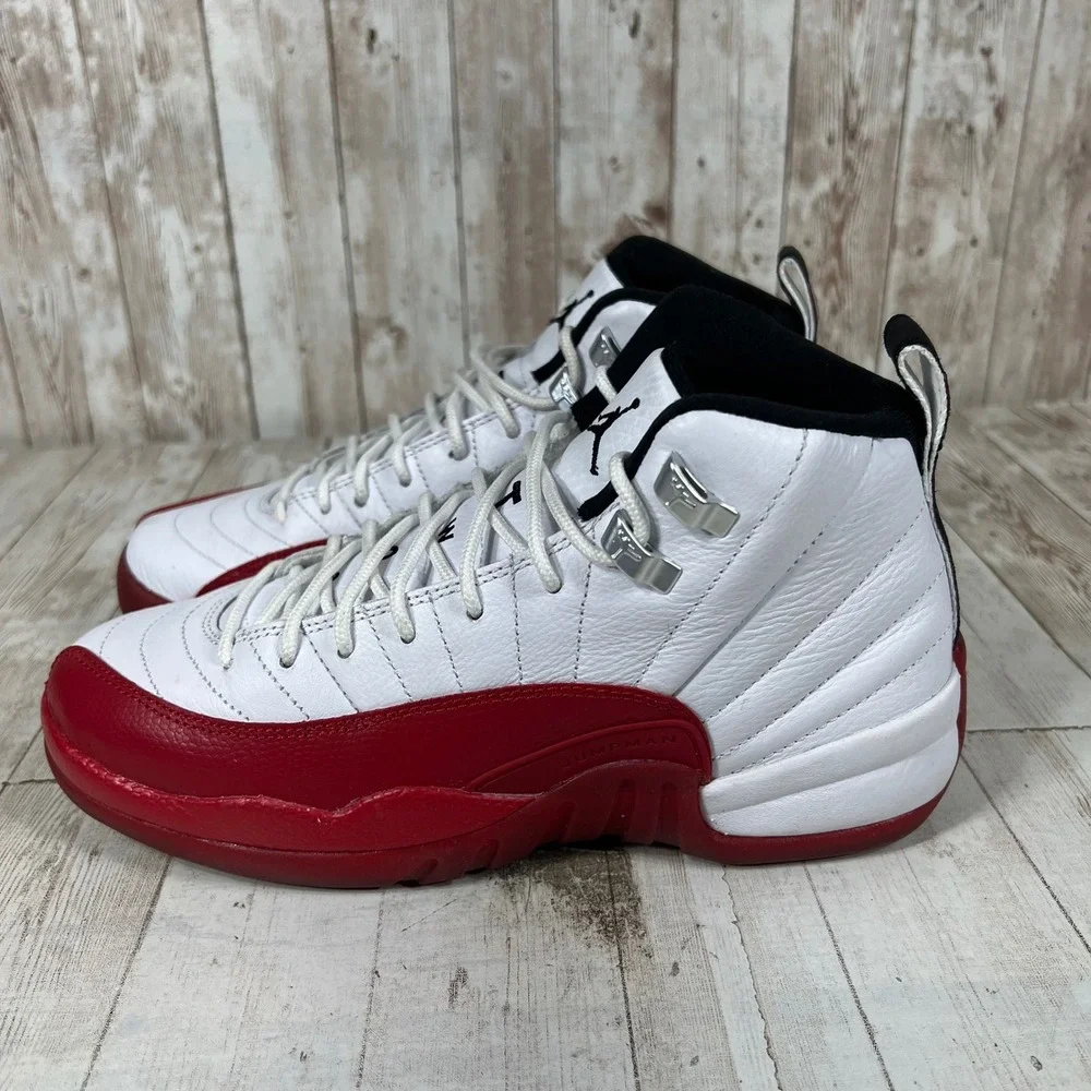 Jordan 12 Retro Cherry White Red Black Kids Sneakers 153265-116 Size 5.5Y